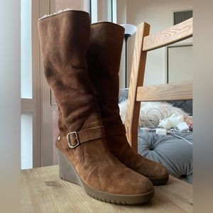 UGG Australia Seline Tall Wedge Zip Brown Suede Sheepskin Boots Size 10